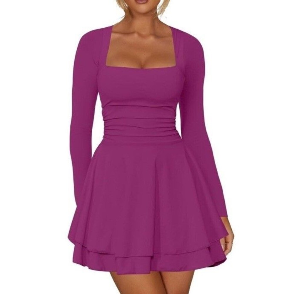 Kaximil Square Neck Ruffle Hem Mini Dress Magenta Ruched Long Sleeves Large NEW